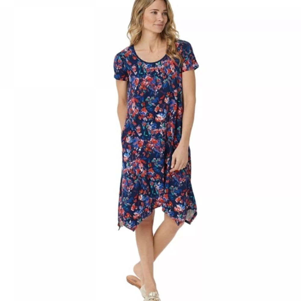 Cuddl Duds Flexwear Floral Cut-out Short Sleeve Pul-over Handkerchief Midi Dress